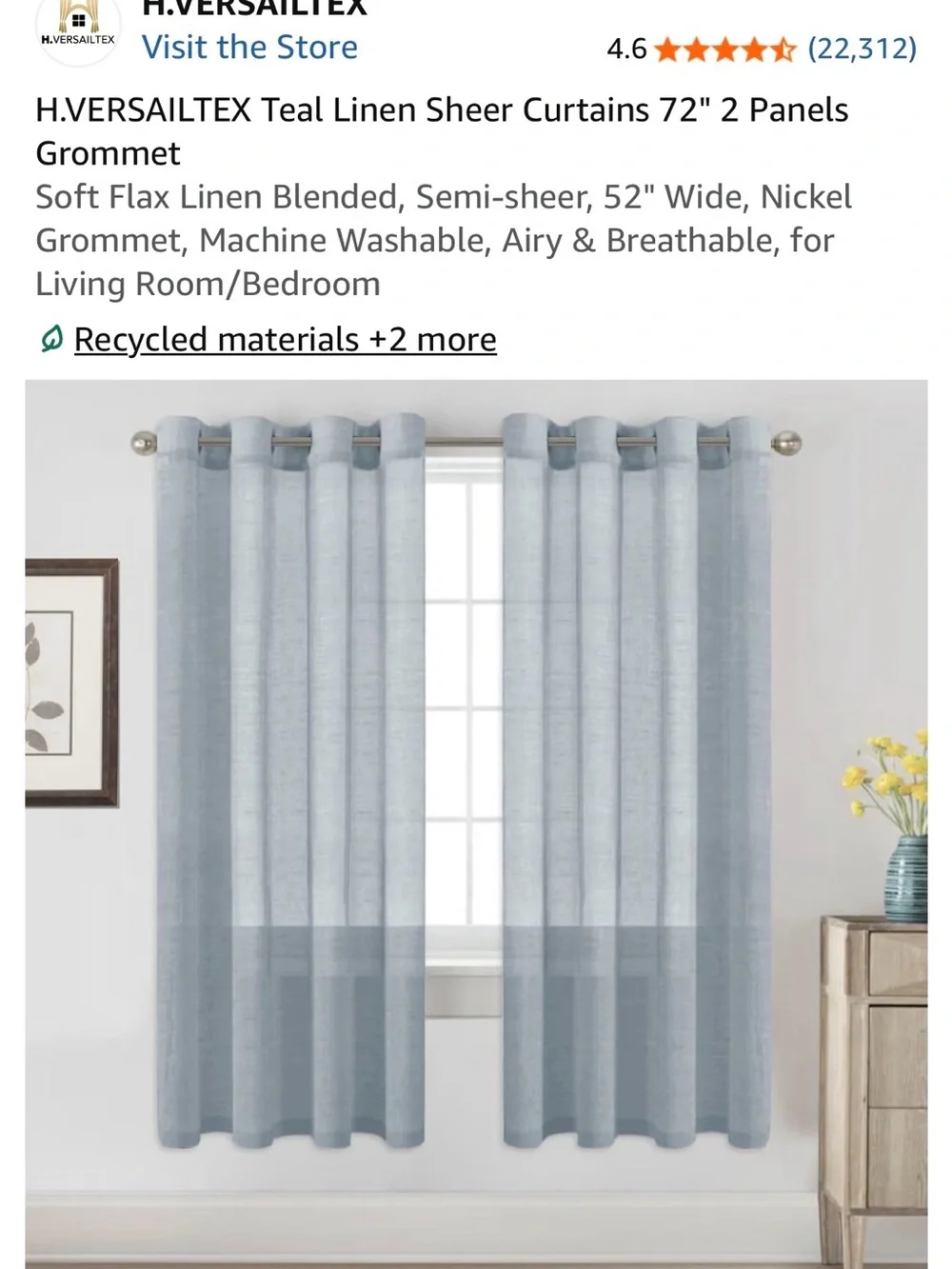 H. Versailtex Teal Linen Sheer Curtains 72” 6 Panels Grommet, Soft Flax Blended